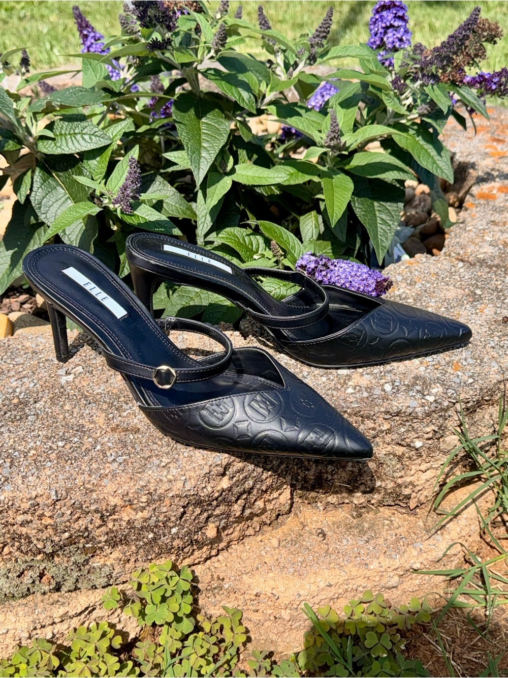 Elle Black Pointed Embossed Leather Mules with Strap Kitten Summer Sandals